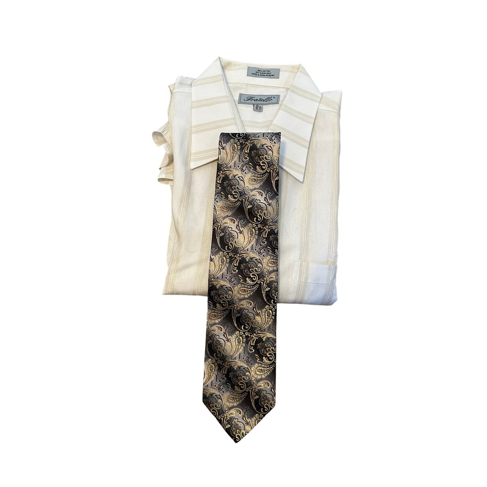 Fratello Mens Dress Shirt and Tie Set Striped Gold Pattern‎ Formal Occasion